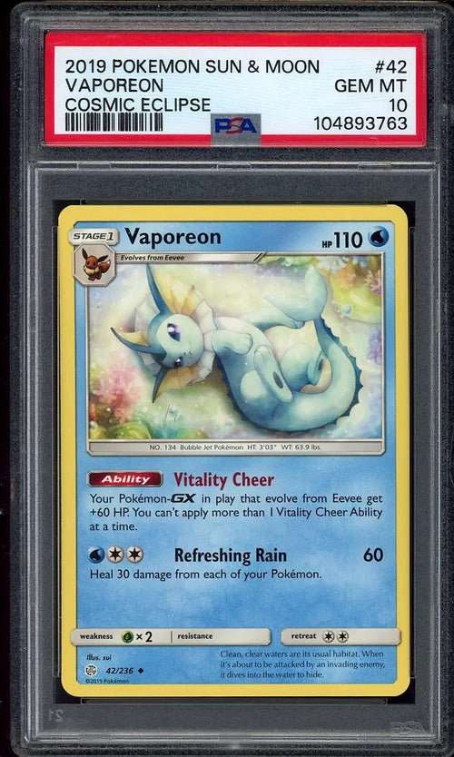 2019 Vaporeon Pokemon Sun & Moon Cosmic Eclipse #42 PSA 10